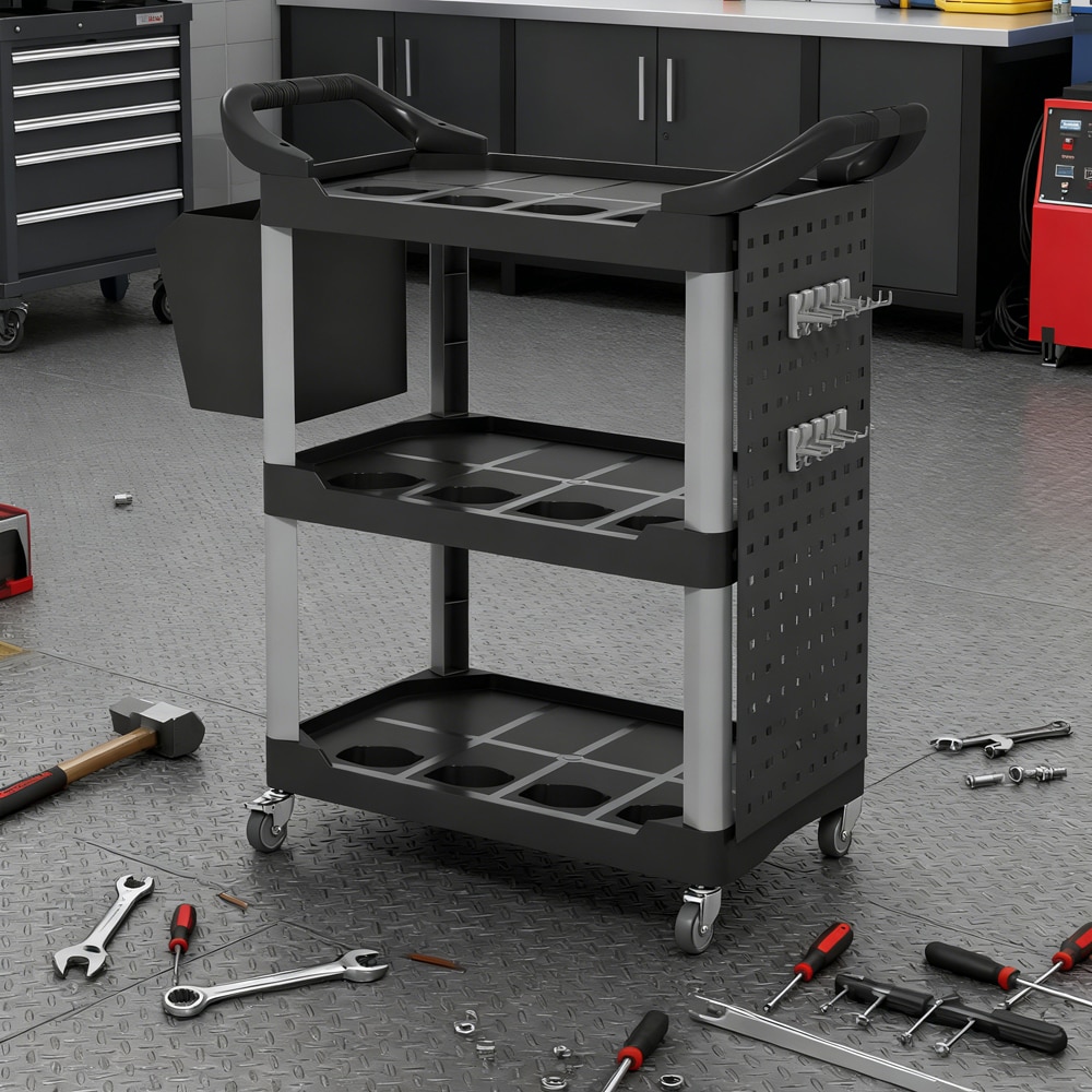 3-tier Rolling Utility Cart With Side Shelf And Tool Bucket_voghion.com